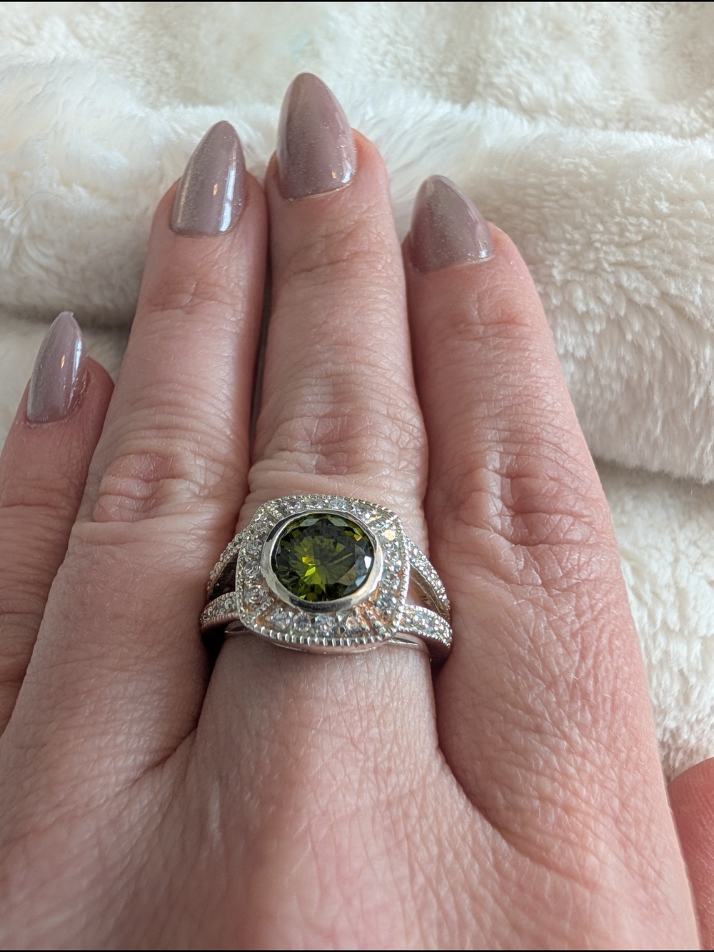 Sterling Silver 925 Olive Green Halo Ring Statement Cocktail Ring Size 8